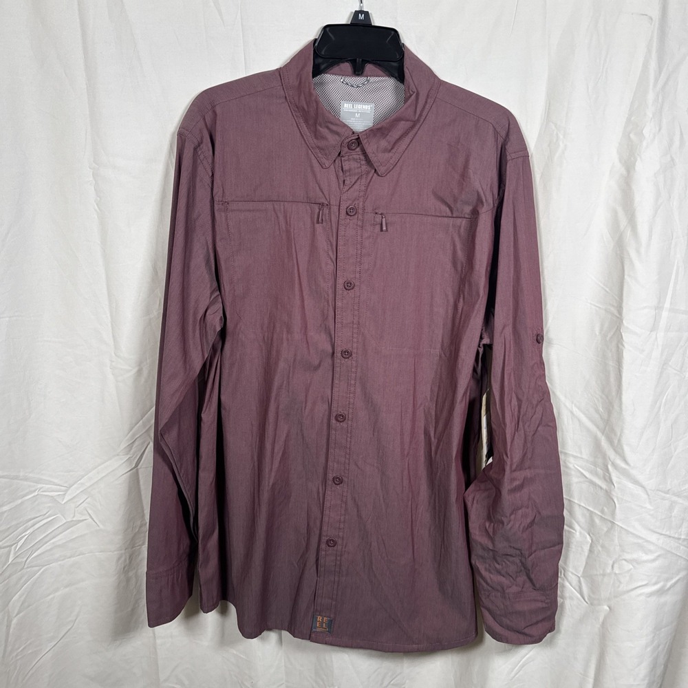 Reel Legends Mens‎ M Performance Fishing Shirt Maroon Roll Sleeve UPF NWT